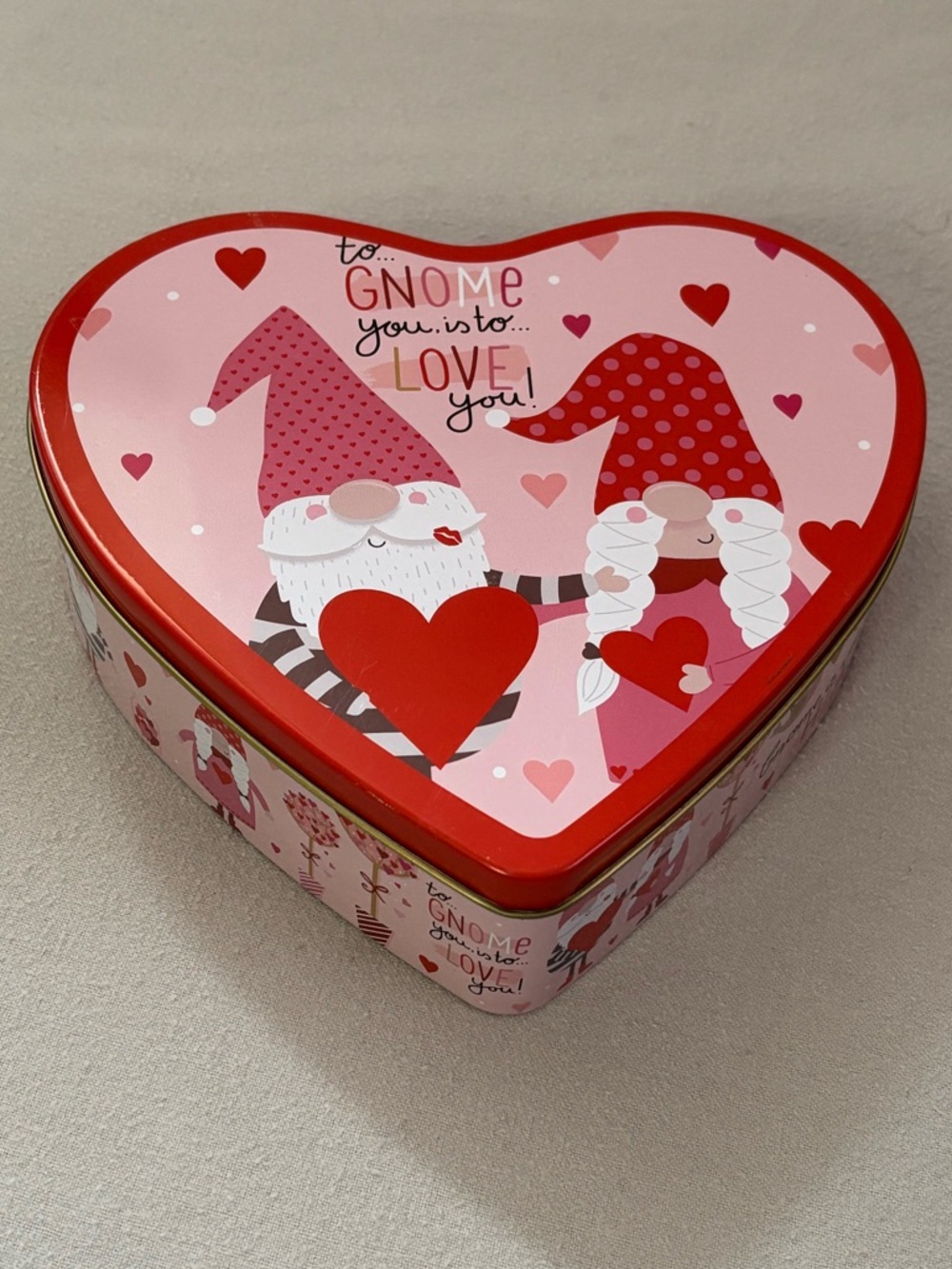 Heart-Shaped Gnome Storage Tin in Pink & Red "to GNOME you, is to ... LOVE you!"